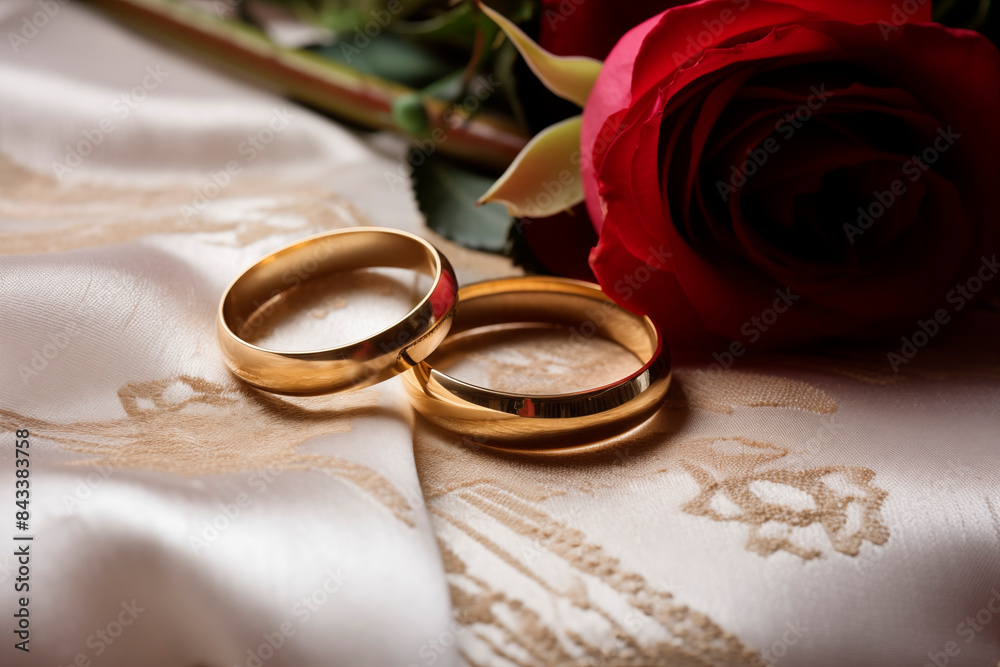 Wedding rings and bouquet red roses on white wedding dress. Wedding bands banner, website header, wedding invitation. Wedding rings and bouquet red roses on white wedding dress. Wedding bands banner, website header, wedding invitation.