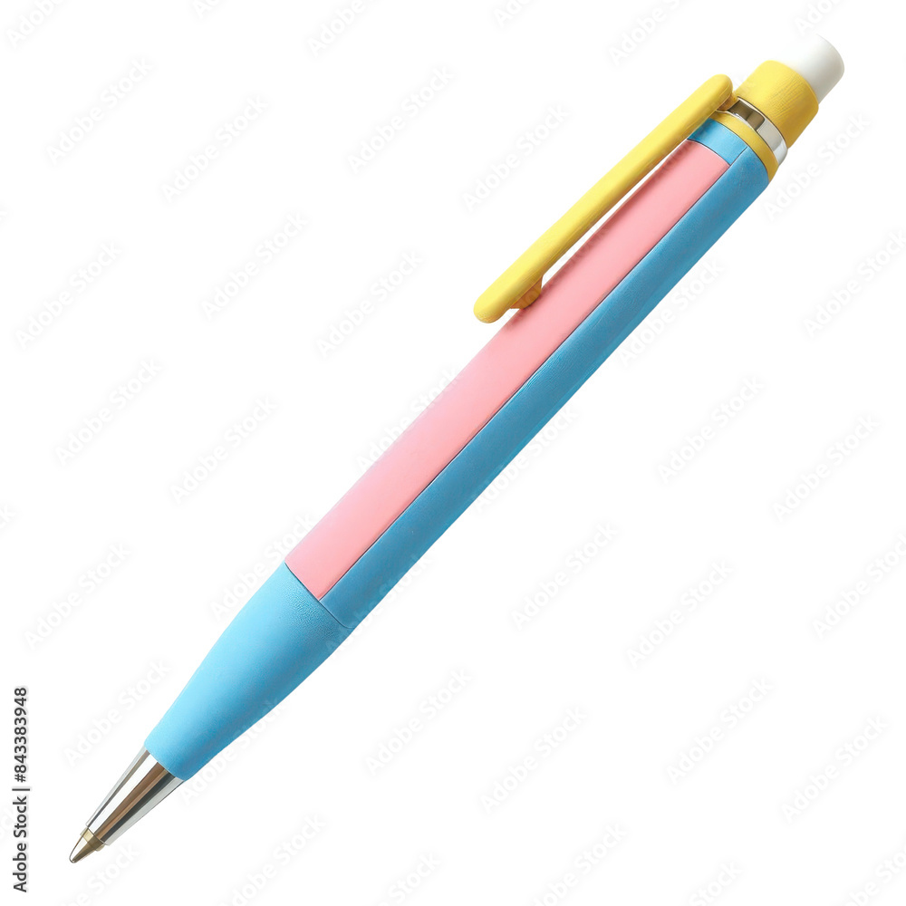 A blue and pink plastic pencil with a yellow eraser on a transparent background. A blue and pink plastic pencil with a yellow eraser on a transparent background.