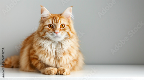 Portrait of a Siberian cat sitting on the floor clean studio background, Fluffy  hair kitty. Adorable domestic pet concept. © Nordic