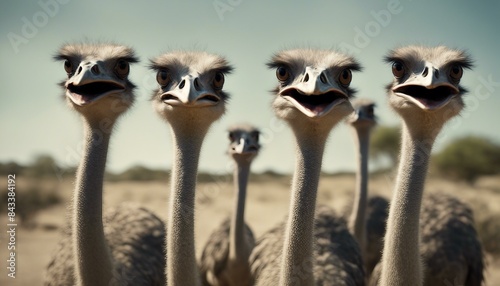 A group of six ostriches standing together, faces visible, staring at something in distance, curiouser than usual. photo