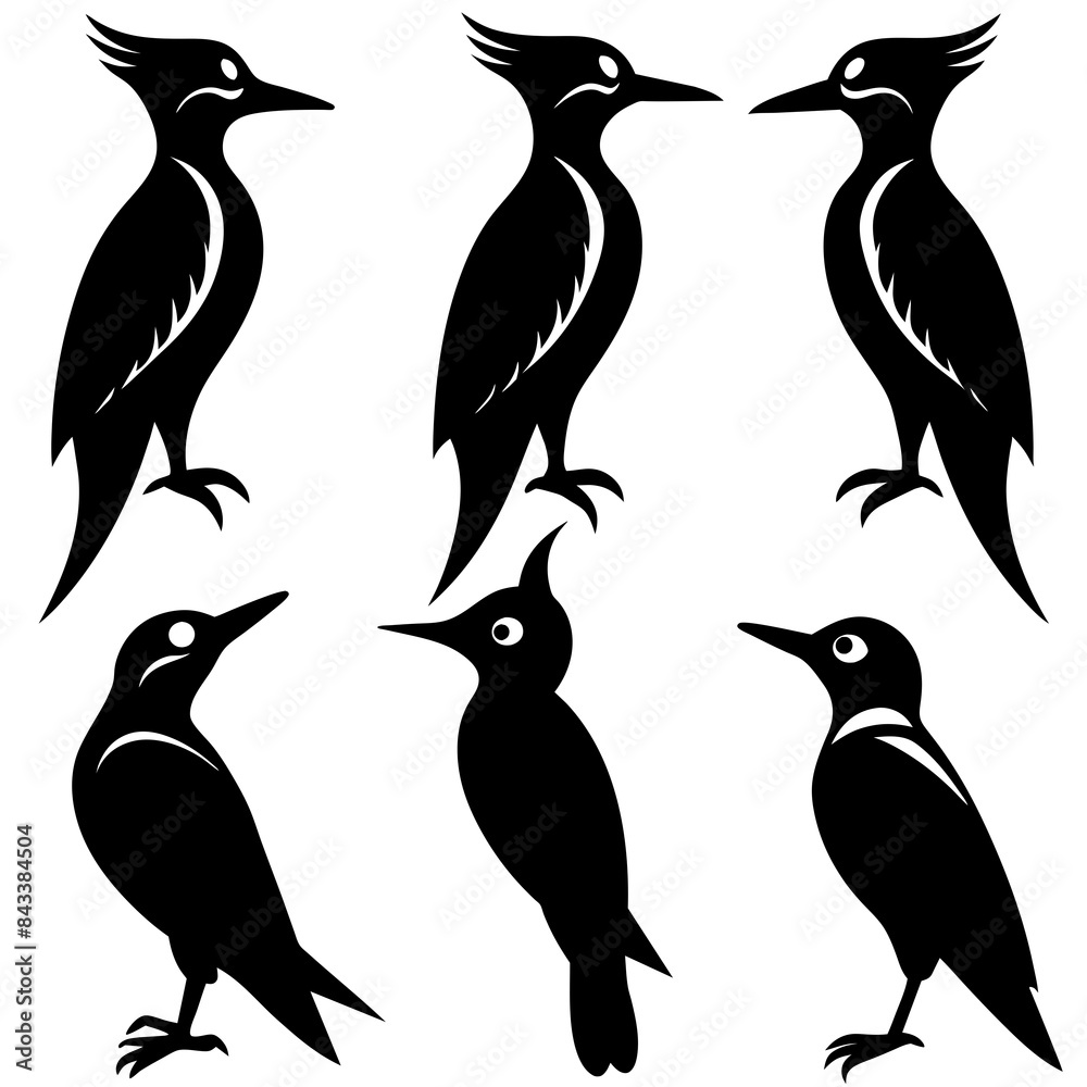 Obraz premium Beautiful bird Woodpecker silhouette black color vector icon illustration