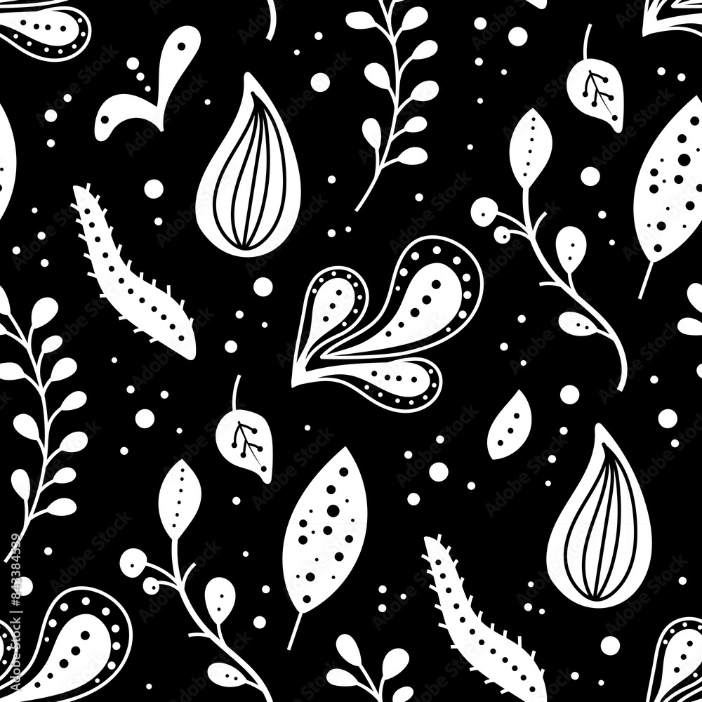 Seamless neo folk art vector pattern with flowers, black and white floral design. Neo folk style endless background perfect for textile design. Seamless neo folk art vector pattern with flowers, black and white floral design. Neo folk style endless background perfect for textile design.