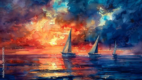 Sailboats on the sea in watercolor style