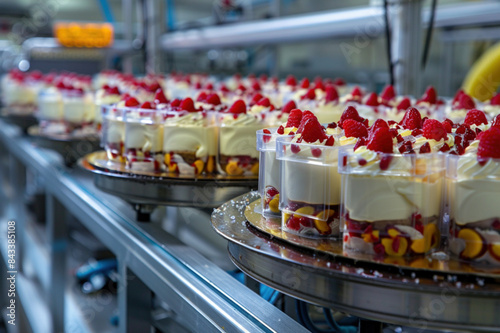 Production line featuring crafted desserts  likely trifles or parfaits  with layers of cream being prepared for packaging in an industrial setting