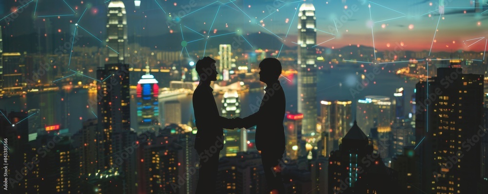 Fototapeta premium Two businessmen shaking hands over night cityscape with connection lines