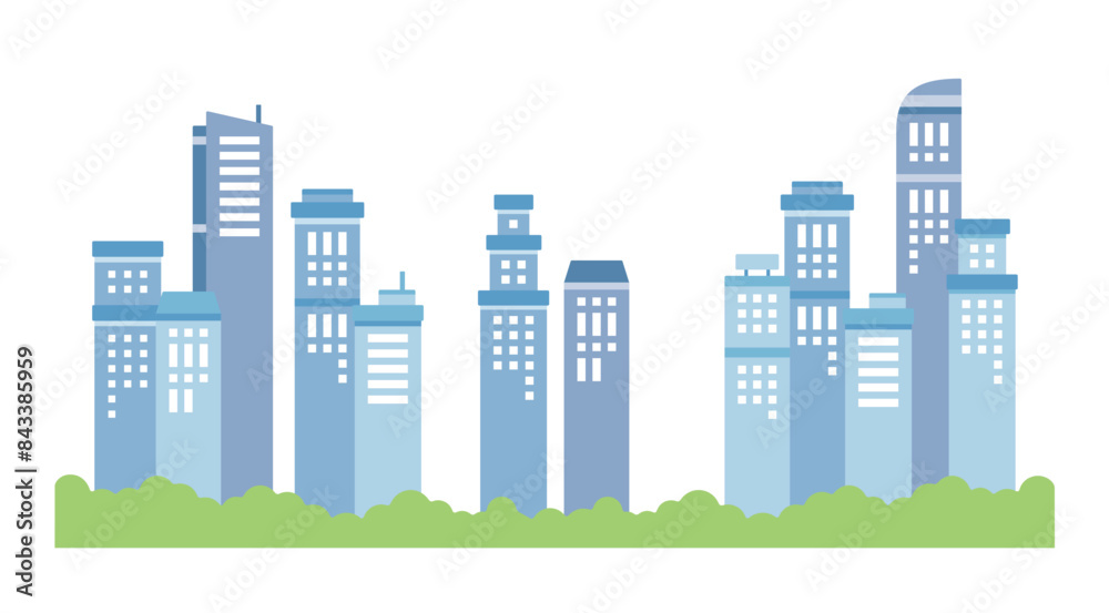 緑豊かな都会の高層ビルの青いシンプルなかわいい背景イラスト