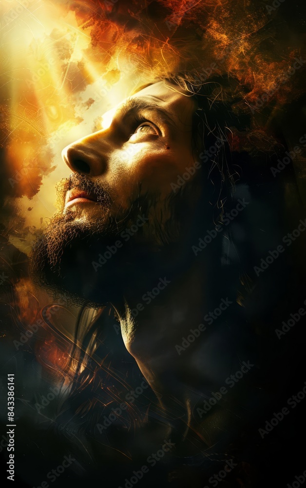Dramatic artistic portrait of a man looking up towards a glowing light, symbolizing hope, spirituality, and enlightenment. Dramatic artistic portrait of a man looking up towards a glowing light, symbolizing hope, spirituality, and enlightenment.