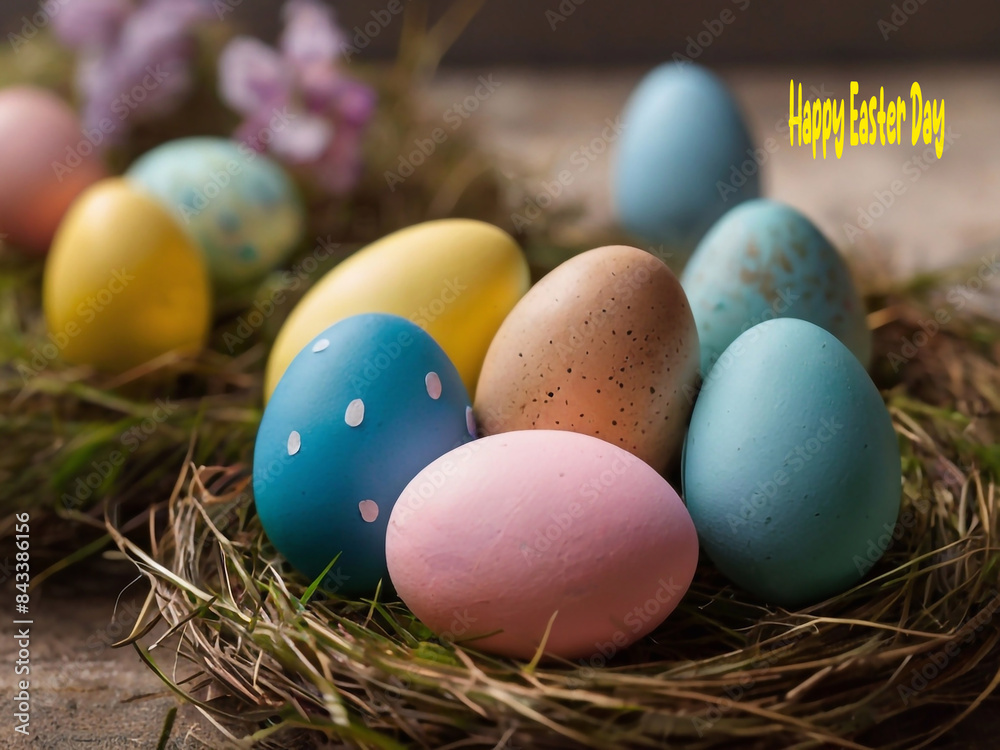 Happy Easter. Congratulatory Easter background. Easter eggs and flowers.