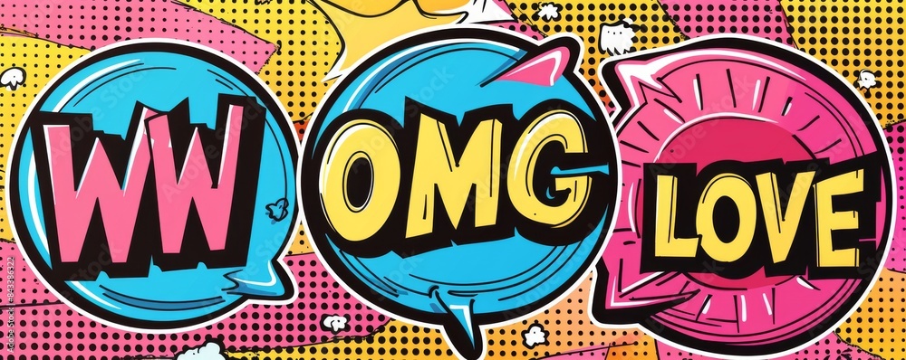 Pop art comic book style drawing with speech bubbles and words WW, OMG, and LOVE Pop art comic book style drawing with speech bubbles and words WW, OMG, and LOVE