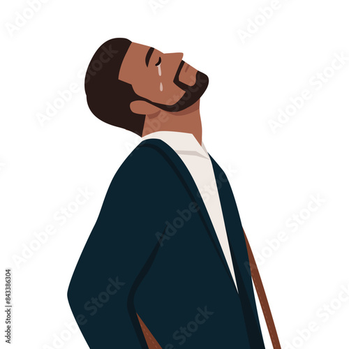 Young businessman crying and looking up and sideways. Flat vector illustration isolated on white background