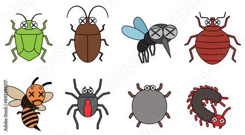 駆除された害虫のかわいいイラストのセット　