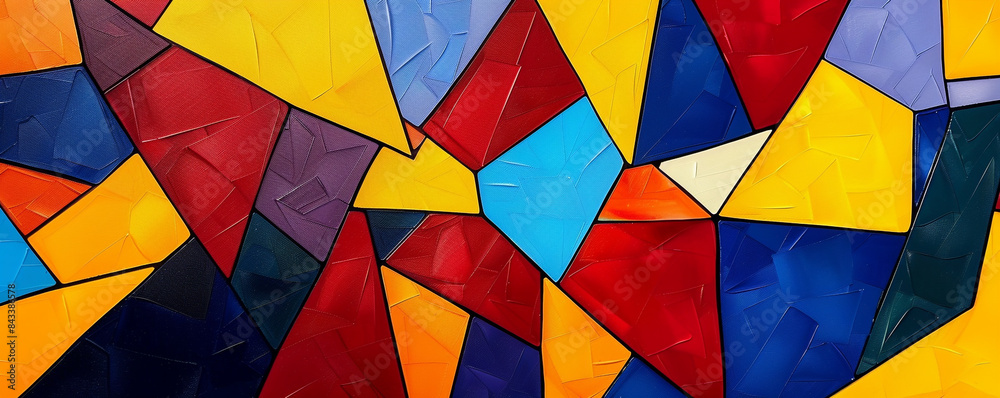 Fototapeta premium Abstract arrangement of irregular polygons in bold primary colors, reminiscent of a modernist painting.