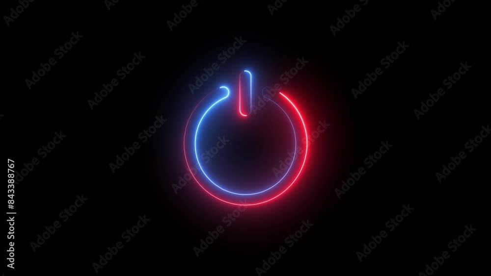 Glowing neon power reset button icon sign animation.
