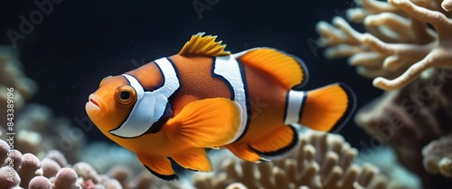 Clown fish and coral and fish, shiny aura, highly detailed, gold filigree, intricate motifs, organic tracery, perfect composition