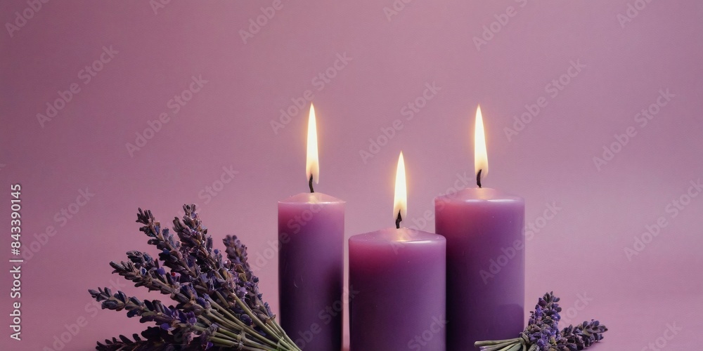 Lavender Flowers and Purple Candles Flat Lay on Minimalist Background Lavender Flowers and Purple Candles Flat Lay on Minimalist Background