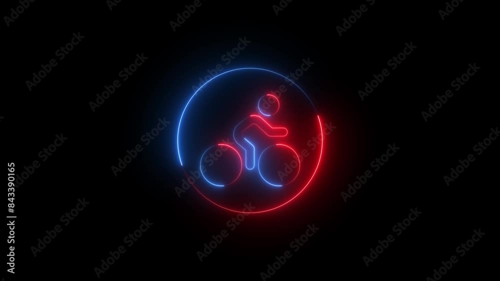 Neon glowing red bicycle icon animation in black background. Neon glowing red bicycle icon animation in black background.