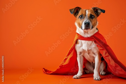 A dog wearing a superhero cape, striking a heroic pose, on a bright orange background