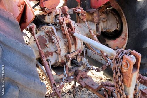 Photography Rear view of vintage tractor showing three point linkage
