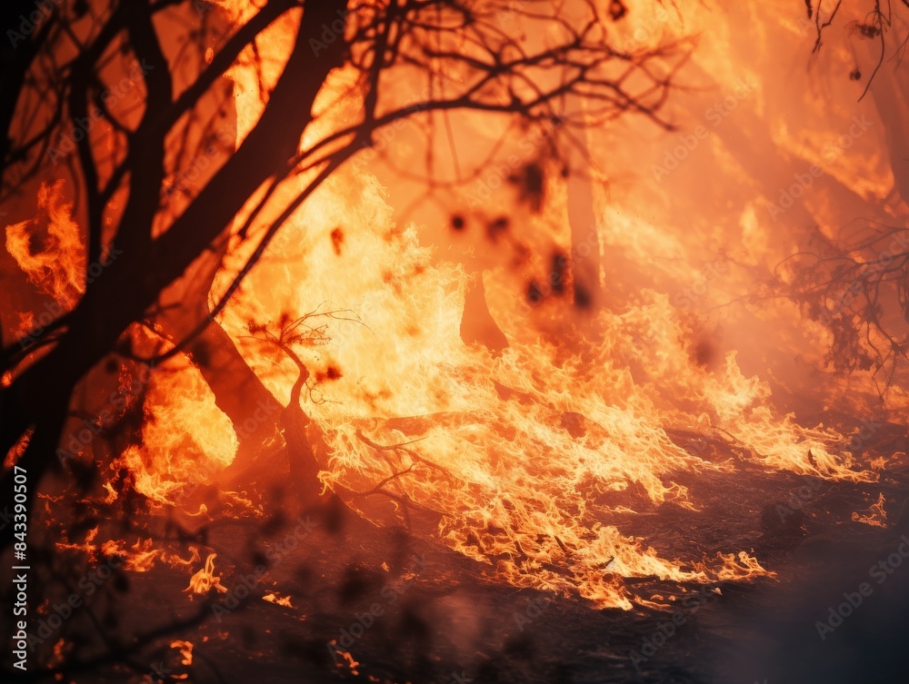 A fierce forest fire engulfs trees with intense flames and thick smoke, creating a dramatic and hazardous natural scene.