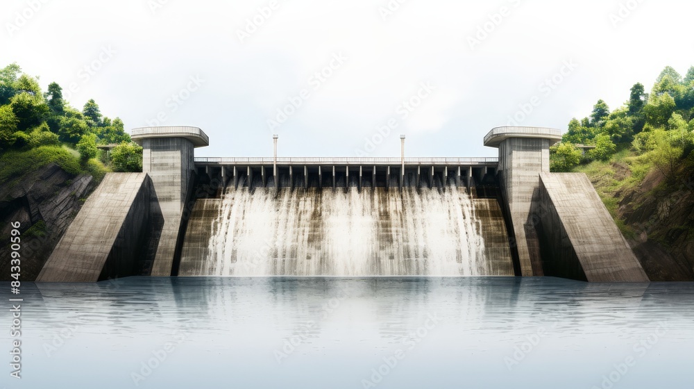 A modern concrete dam with flowing water surrounded by lush green trees and clear sky reflecting on the calm water surface below. A modern concrete dam with flowing water surrounded by lush green trees and clear sky reflecting on the calm water surface below.