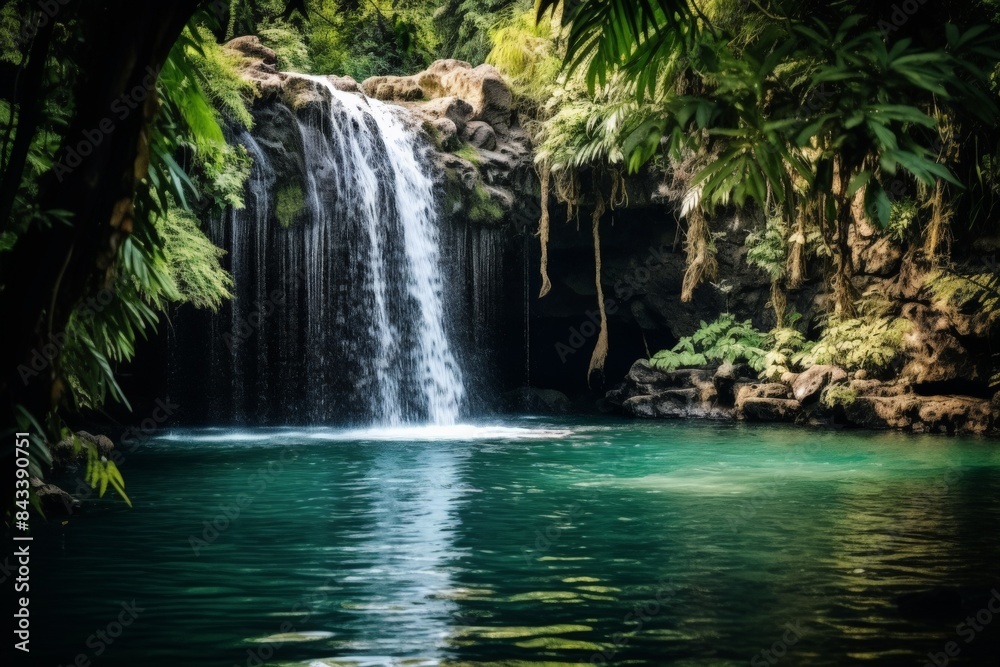 Fototapeta premium A serene tropical waterfall cascades into a deep turquoise pool, surrounded by lush greenery and vibrant foliage.
