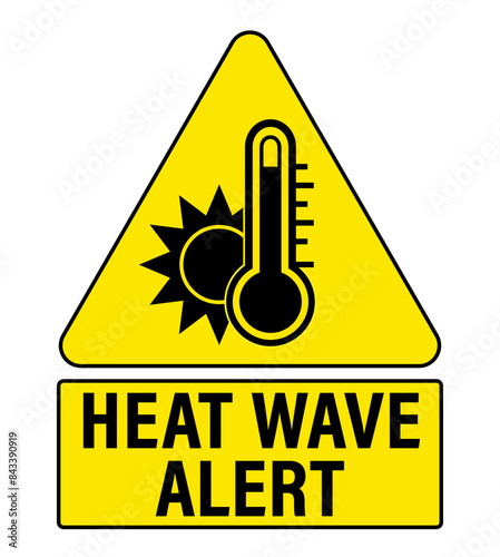 Heat wave alert. Yellow warning triangle sign with thermometer and sun. Text below.