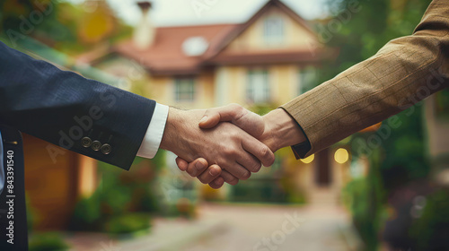 Handshake on house background outdoors. Real estate agent shaking hands with client after signing home purchase contract. Mortgage, home loan and insurance, buying a property concept photo
