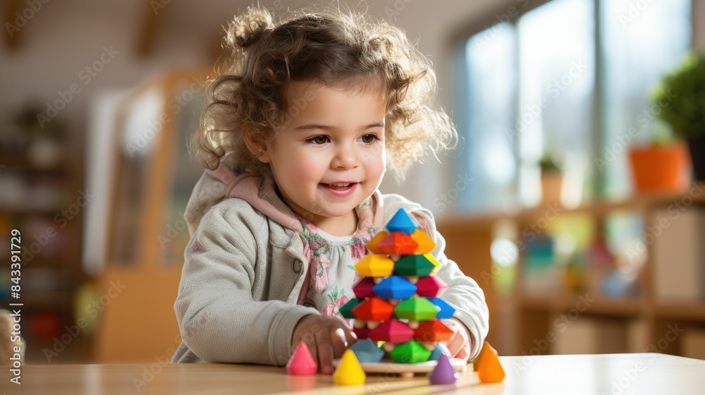 Preschooler engaged in play with a variety of developmental toys, vibrant colors surrounding, concentrating on task Preschooler engaged in play with a variety of developmental toys, vibrant colors surrounding, concentrating on task