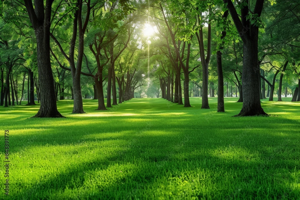 A tranquil forest scene with sunlight filtering through tall trees, casting shadows on a lush green grassy field, creating a serene atmosphere.