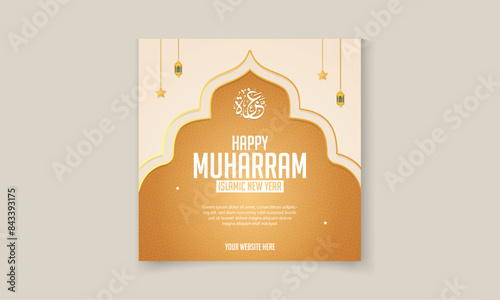 Happy Muharram greeting card Post design with Islamic lantern and star for social media post template