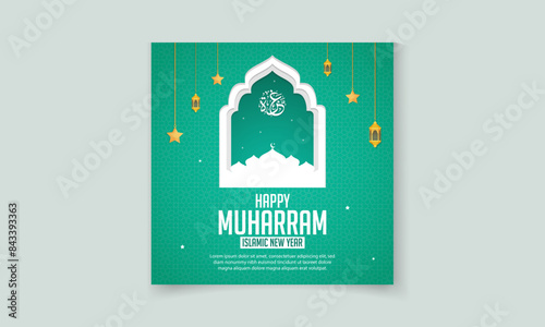 Happy Muharram greeting social media banner template with mosque and Islamic lantern 
