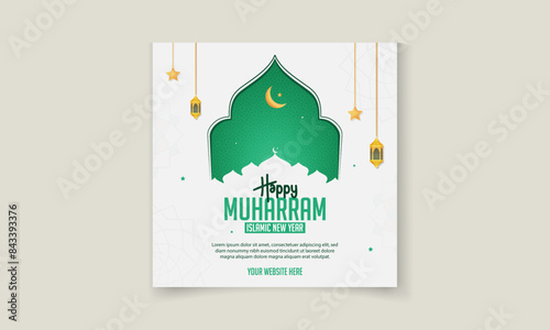 Happy Muharram social media post banner design with mosque and Islamic lantern 