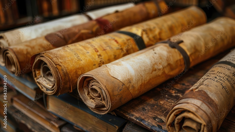A collection of antique scrolls tied with leather thongs, resting on aged books. A collection of antique scrolls tied with leather thongs, resting on aged books.