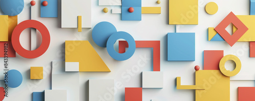 Dynamic geometric shapes in a retro mosaic on white.