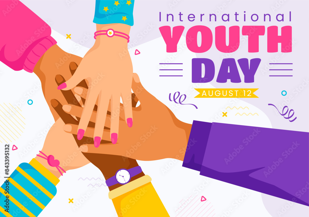 Obraz premium Happy International Youth Day Vector Illustration featuring Young Boys and Girls Together in a Flat Style Cartoon Background