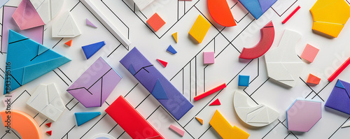 Dynamic geometric shapes in a retro mosaic on white.
