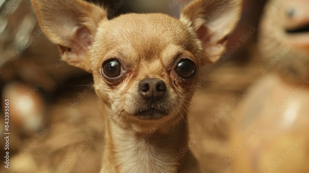 A close-up portrait of a small brown chihuahua with big, curious eyes. A close-up portrait of a small brown chihuahua with big, curious eyes.