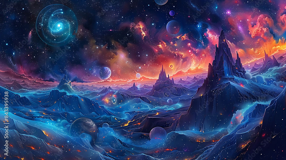 Fototapeta premium Depicts expansive cosmic environments with celestial objects and imaginative science fiction settings. 