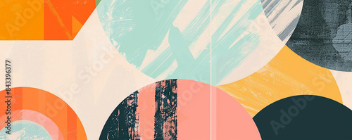 Geometric shapes and lines in retro Scandinavian style, pastel and bold colors.