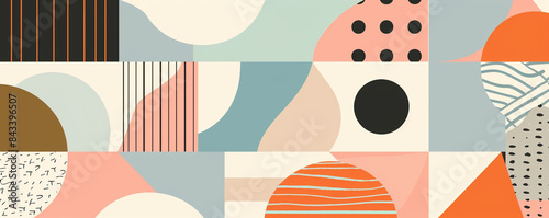 Geometric shapes and lines in retro Scandinavian style, pastel and bold colors.