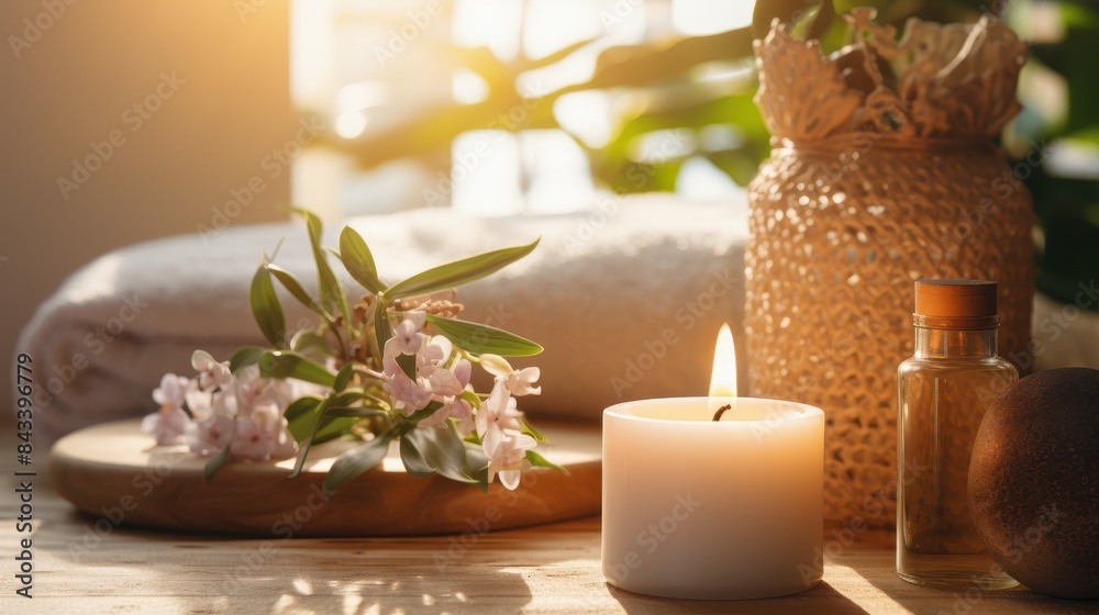 Tranquil spa environment with aromatherapy candles and essential oils for holistic skin care
