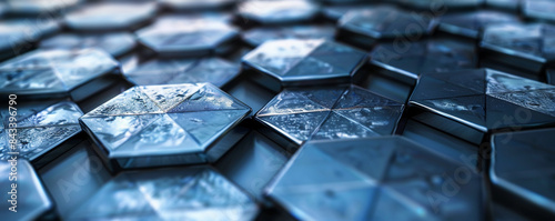 Grid of interlocking hexagons in shades of midnight blue and silver, evoking a sense of cosmic mystery.