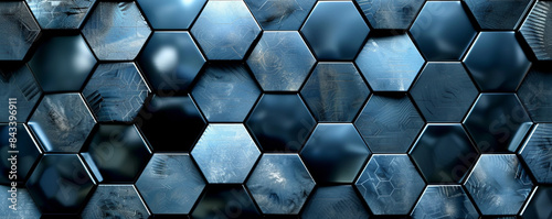 Grid of interlocking hexagons in shades of midnight blue and silver, evoking a sense of cosmic mystery.