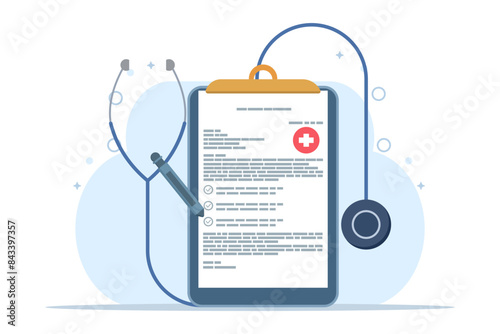 Health checkup concept, clipboard with stethoscope, health checkup form report, medical record, health checkup metaphor concept. simple and modern style. flat vector illustration on background.