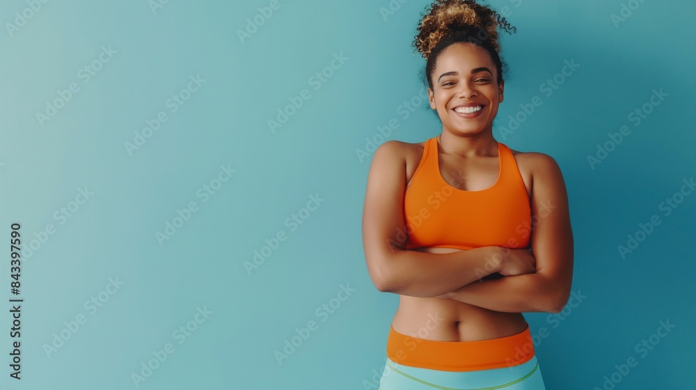 Sporty happy girl. Dynamic black woman beams with enthusiasm, her passion for fitness evident in expression. Her vibrant orange top against the backdrop, symbolizing the energy and active lifestyle. Sporty happy girl. Dynamic black woman beams with enthusiasm, her passion for fitness evident in expression. Her vibrant orange top against the backdrop, symbolizing the energy and active lifestyle.
