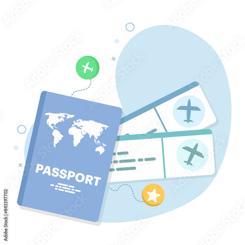 Passport and airplane ticket concept, Boarding pass ticket icon. travel concept. Summer travel banner, passport and boarding pass in the background. online ordering. Flat vector illustration.