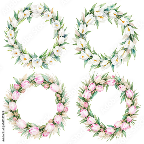Set of Watercolor white and Pink Tulips, Tulip flower wreath laurel. Decoration for weddings, wedding design, wedding invitation. AI generated art.	

