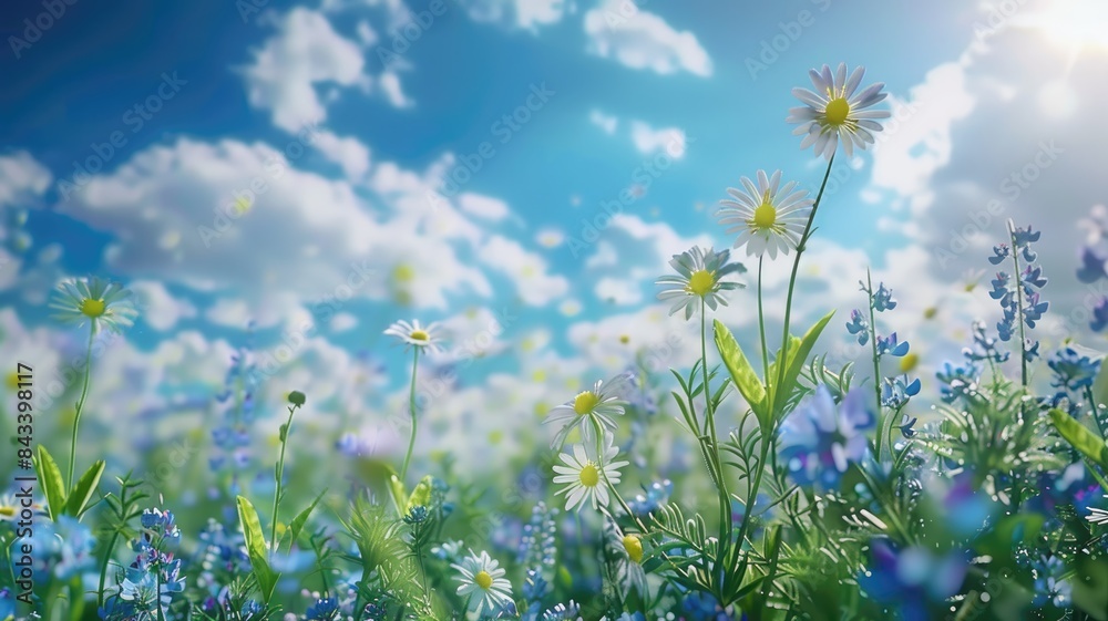 Beautiful field meadow flowers chamomile, blue wild peas in morning against blue sky with clouds, nature landscape, close-up macro. Beautiful field meadow flowers chamomile, blue wild peas in morning against blue sky with clouds, nature landscape, close-up macro.