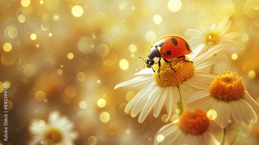 Beautiful natural background of golden color with chamomile and ladybug macro. Colorful elegant gentle tender artistic image of a hot sunny summer outdoors nature.