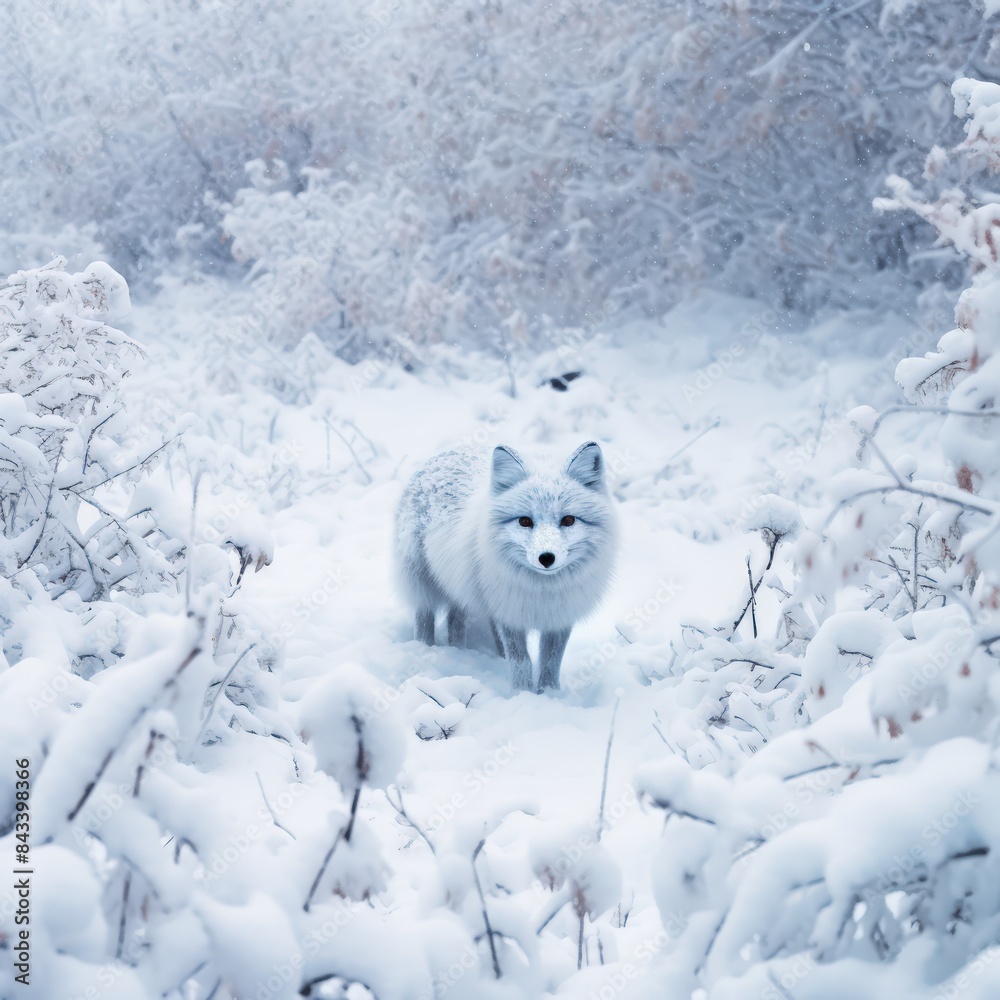 A white fox is standing in the snow in front of a tree A white fox is standing in the snow in front of a tree